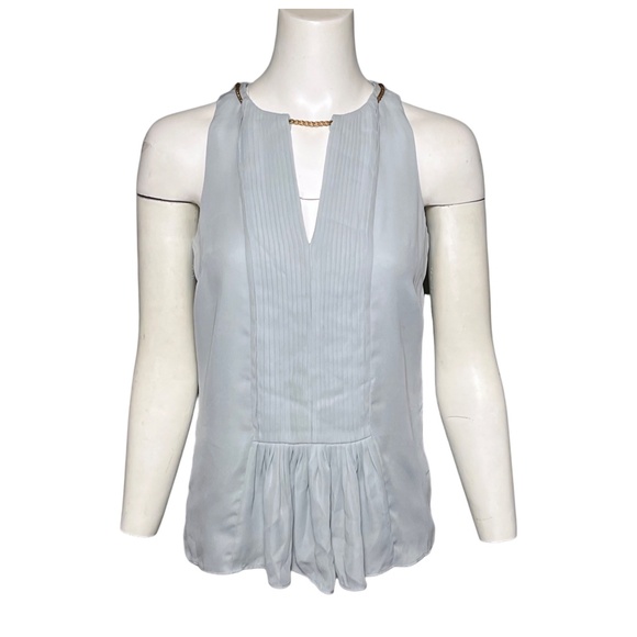 Reiss Leondas Pleated Gold-tone Chain Halter Blouse Light Pale Blue Size 0, UK 4 - Picture 9 of 9